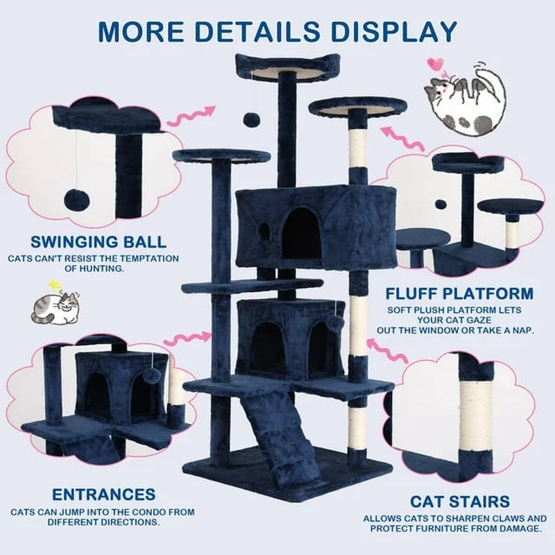 54In Cat Tree Tower for Large Cats, Cat Climbing Tower Cat Scratching Tree with Cat Scratching Stand, Big Cat Tree House Funny Toys for Kittens Pet(Navy Blue)